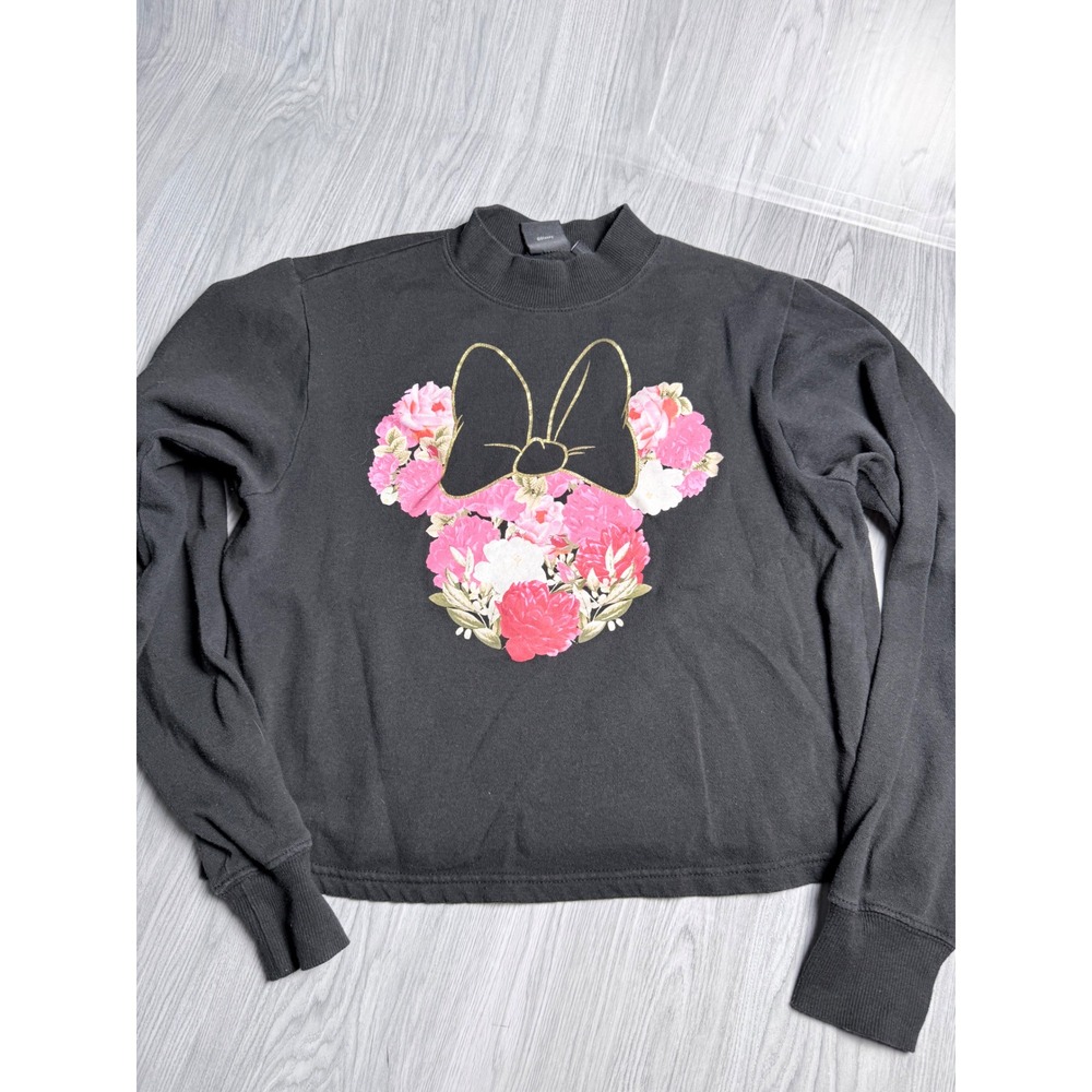 Disney Minnie Mouse Floral Graphic Mock Neck Sweatshirt Black XS Gold